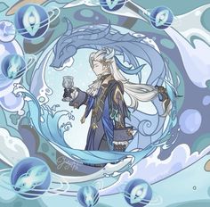 an anime character is holding a glass in her hand and surrounded by blue water bubbles