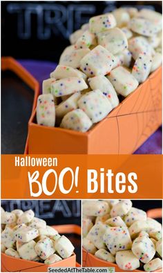 halloween booo bites recipe with sprinkles in an orange bowl on a purple table