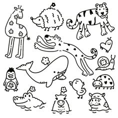 an image of animals that are drawn in the style of children's drawings on paper