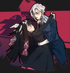 two anime characters hugging each other in front of a red and black background with the words,