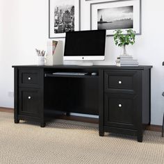 a desk with a computer on top of it in front of two framed pictures and a potted plant