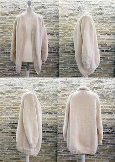 four pictures of a white sweater hanging on a brick wall