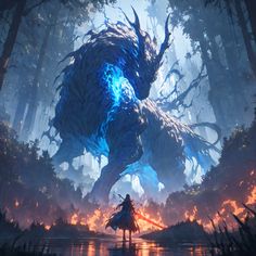 a woman standing in front of a giant monster next to a forest filled with trees