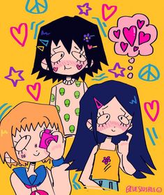 three cartoon girls are standing together with peace signs above them and hearts in the background