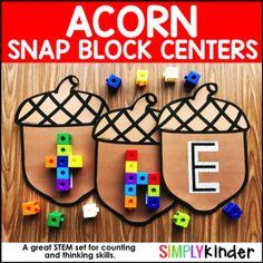 a poster with the words acorn snap block centers in front of it, and blocks on