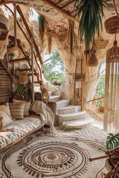 a living room filled with lots of furniture and hanging baskets on the wall next to a window