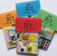 four pieces of colorful paper with words written on them and pictures attached to each piece