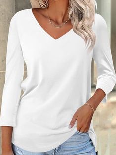 Come to Zolucky to buy T-shirts at a discounted price, SPU: 2941AT-8GCB06, Color: White Pink Green Rose Red Blue, Theme:Spring/Fall, Sleeve Length:Three Quarter Sleeve. White Solid Color V-neck T-shirt, White V-neck Solid Color T-shirt, White V-neck T-shirt, White T-shirt For Fall, Blue Theme, Plain T Shirt, Buy Tshirts, Plain Tshirt, Green Rose