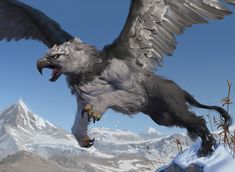 an illustration of a large bird with wings outstretched in the air over snow covered mountains