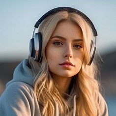 a woman with headphones on looking off into the distance, wearing a sweatshirt and hoodie