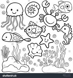 an underwater scene with sea animals and other marine creatures coloring pages for kids, printable