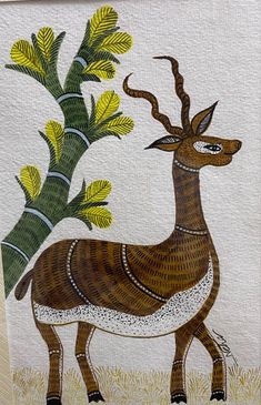 a painting of a deer standing next to a tree