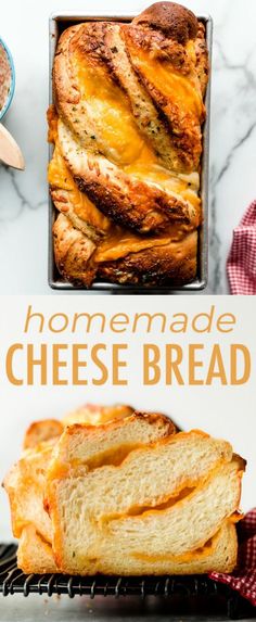 homemade cheese bread in a loaf pan on a cooling rack with text overlay that reads homemade cheese bread