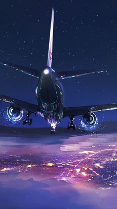 an airplane is flying in the sky at night with lights on it's wings