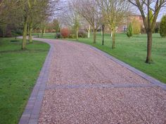 a paved path in the middle of a park with trees and grass on both sides