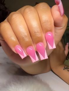 Cute Short Nail Sets Black Women, Pink Powder French Tip Nails, Bright Pink French Tip Nails Square, Pink On Pink French Tip Nails, Pink Medium Nails, Pink Short Acrylic Nails, Hard Nails, Drip Nails