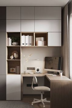 an office with a desk, chair and shelves