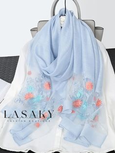 Lasaky - Exquisite Imitation Silk Scarf with Elegant Floral Embroidery Embroidery Theme, Mens Outdoor Fashion, Black Theme, Elegant Themes, Floral Decoration, Vacation Style, Elegant Floral, Pink Light, Floral Style