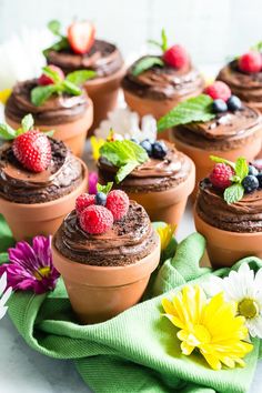 chocolate cupcakes with fresh berries and whipped cream on top are arranged in flower pots