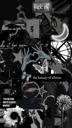 a collage of black and white images with flowers, butterflies, and other things