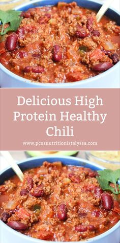 delicious high protein chili recipe with beans and meat in a blue bowl, topped with cilantro