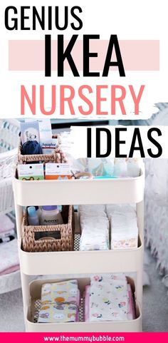 a baby changing table with diapers and blankets on it's shelves next to a crib