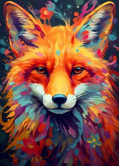 a painting of a fox with colorful paint splatters on it's face