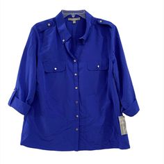 Button Front Blouse Royal Blue My Collection Woman's Large Long Rolled Sleeve. New. Please See All Measurements Before Purchasing. Dr-534 Big Shirt, Plaid Tunic, Fall Denim, White Button Down Shirt, Polka Dot Shirt, Denim Button Down, Embroidered Top, Womens Plaid, My Collection