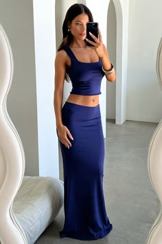 Clementine Maxi Skirt - Navy Skirt Combinations, Skirt Set Outfit, Hair Ritual, Beach Maxi Skirt, Diverse Fashion, Blue Maxi Skirt, Adam Cole, Full Length Skirt, Formal Dresses With Sleeves