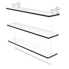 three tiered glass shelf with black trim and clear shelves on each side, one holding two soap dispensers