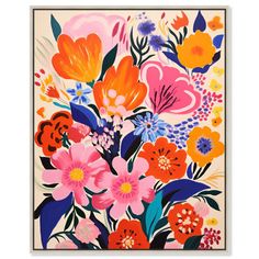 an art print with colorful flowers on the front and back of it, in white frame