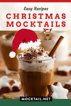 the cover of easy recipes for christmas cocktails by moctal net, featuring an image of a hot chocolate drink with whipped cream and cinnamon sticks