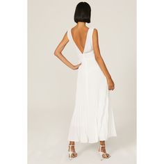 White polyester (100% Polyester). Midi. V-neck. Sleeveless. Back zipper closure. 52" from shoulder to hemline. Imported. White Pleated V-neck Maxi Dress, Chic V-neck Maxi Dress With Back Zipper, Spring V-neck Maxi Dress With Back Zipper, Spring V-neck Dress With Pleated Back, V-neck Midi Dress With Back Zipper For Date Night, Summer V-neck Sleeveless Dress With Back Zipper, Summer Sleeveless V-neck Dress With Back Zipper, Summer Maxi Dress With V-neck And Back Zipper, Chic Sleeveless V-neck Dress With Lining