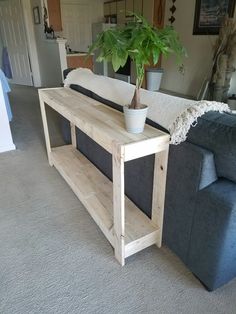 a living room with a couch, table and potted plant on top of it