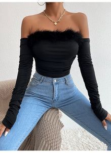 Off Shoulder Faux Fur Blouse – Fashionsarah.com Long Tube Dress, Retro Hair, Split Sleeve, Strapless Crop Top, Performance Dresses, Retro Hairstyles, Trim Top, Summer Chic, Suspender Dress