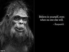 a black and white photo with a quote from sasquatch that says believe in yourself, even when no one else will