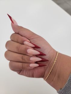 red stiletto Nails Stilleto Red French Nails, Stiletto Nails Fall Design, Back And Red Nails, Nail Stilleto Ideas Black And Red, Short Red Pointy Nails, Red Nail Tips Acrylic, Stilleto Winter Nails, Long Simple Christmas Nails, Burgundy Stilletos Nails