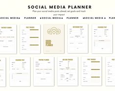 the social media planner is displayed on a white background with gold trimmings and hearts