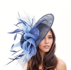 Navy Blue Statement Hatinator Women Kentucky Derby Hats Wedding Royal Ascot Fascinator Headpiece Church Cocktail High Ladies Day Headwear Hats By Cressida Kentucky Derby & Ascot Fascinator Hats Navy Blue Magdalena Crin & Feather Sinamay Disc Fascinator Hat Gorgeous fascinator made with navy blue crin, burnt coque feathers and flower on a large navy blue sinamay base. Measures about 12 inches wide, longer with crin This navy blue headpiece is mounted with a matching headband. If you prefer a head Tea Party Lunch, Woman Hats, Blue Headpiece, Wedding Royal, Ascot Races, Royal Clothes, Hat Headband, Feather Fascinator, Large Feathers