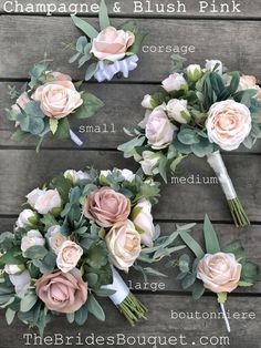 wedding bouquets with names on them sitting on a wooden table in front of the words champagne & blush pink