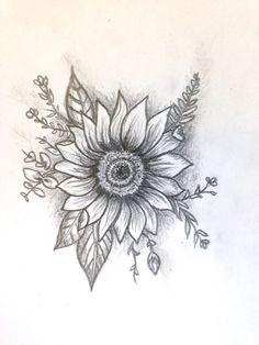 a drawing of a sunflower with leaves on it