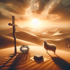 a painting of a sheep and a crucifix in the desert