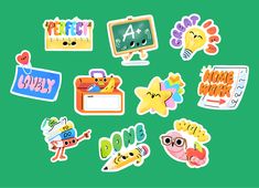 various stickers are arranged on a green background