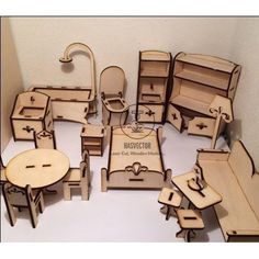 a room filled with wooden furniture on top of a white floor