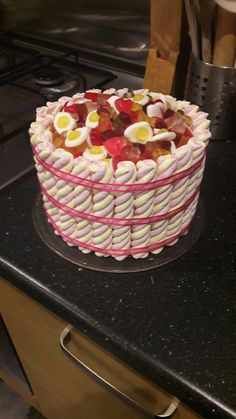 a cake sitting on top of a kitchen counter