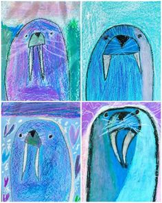 four different colored drawings of animals with one being a jellyfish and the other is a seal