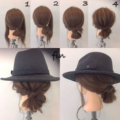 Low bun for wearing hats Updos For Hats, Hair Ideas For Hats, Low Bun Hat Hairstyles, Hair Styles To Wear With A Hat, Updo With Hat, Hairstyles For Wearing A Hat, How To Wear A Hat With Curly Hair, Hairstyle For Hat, Hairstyle For Hats