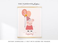 a pink poster with a pig holding balloons