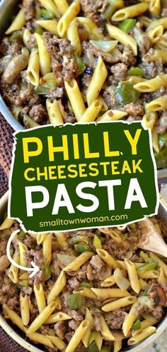 easy philly cheesesteak pasta in a skillet