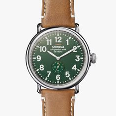 Runwell 47mm|Green Dial|Maple Leather Strap | Shinola® Detroit Pumpkin Crown, Shinola Detroit, Brown Leather Strap Watch, Green Watch, Unisex Watches, Brown Leather Strap, Leather Watch Bands, Sapphire Crystal, Leather Band